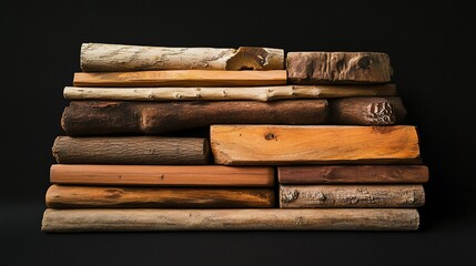 Stack of diverse wood pieces, various colors and textures.