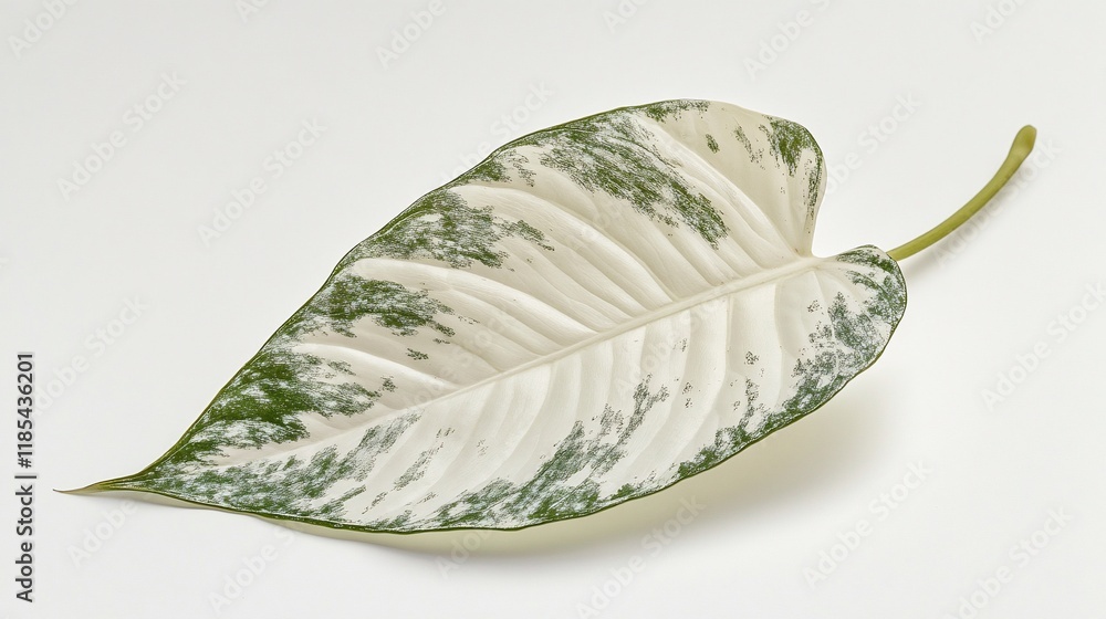 Poster a large, variegated leaf with green and white patterns resting on a white surface.