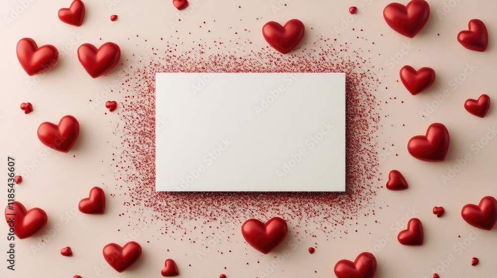 Poster minimal white card surrounded by tiny red hearts and a subtle glitter border on a soft blush backgro