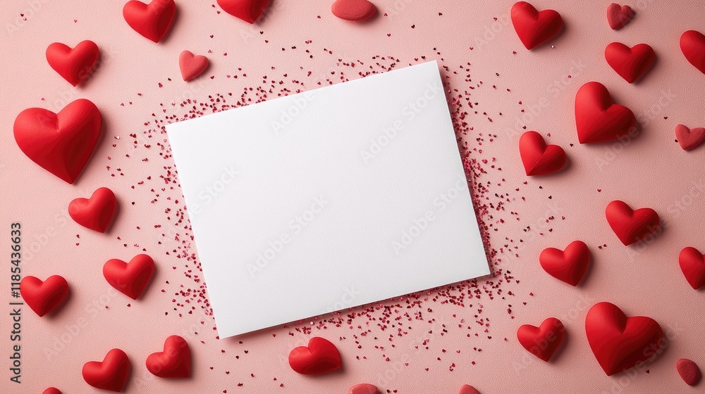 Poster minimal white card surrounded by tiny red hearts and a subtle glitter border on a soft blush backgro