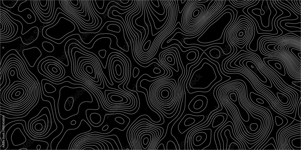 Poster abstract white on black background with topographic line map pattern. abstract wavy and curved lines