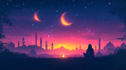 Fototapeta premium Celebrating the beauty of Ramadan during twilight with a peaceful silhouette