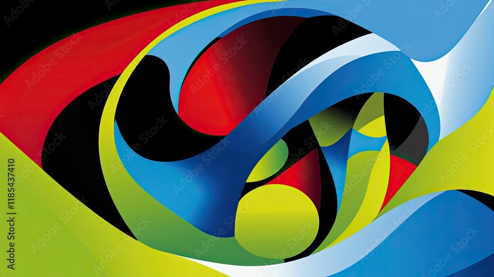 Aufkleber an abstract card design with irregular geometric shapes in bright colors like red, blue, and green, 