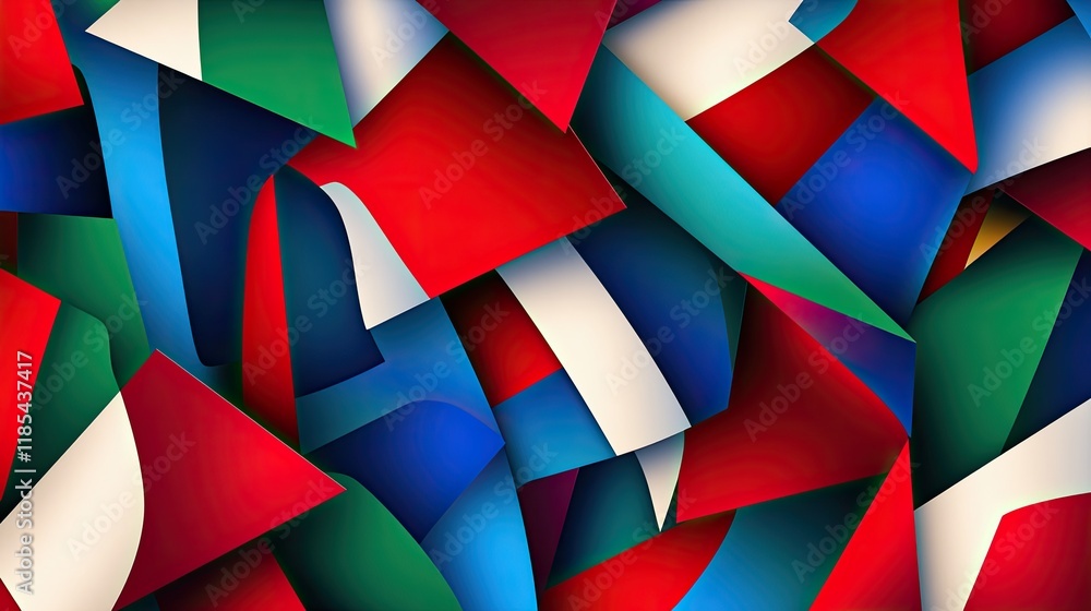 Poster an abstract card design with irregular geometric shapes in bright colors like red, blue, and green, 
