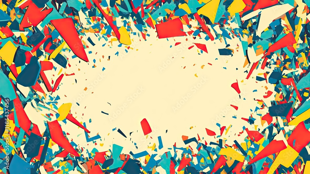 Aufkleber an abstract card design with irregular geometric shapes in bright colors like red, blue, and green, 