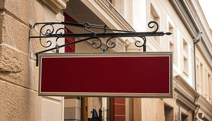 Old street red sign on a building wall in a European town with a classic architecture and window