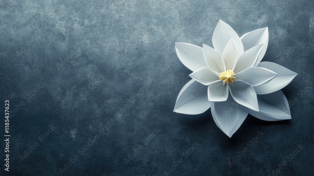 Poster an intricate origami flower surrounded by a clean and simple background, providing open space for te