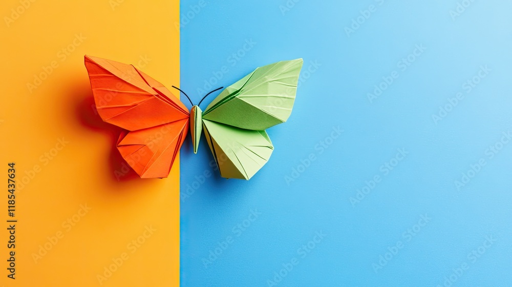 Poster an origami butterfly in vibrant colors sitting on a solid color background, surrounded by an empty a