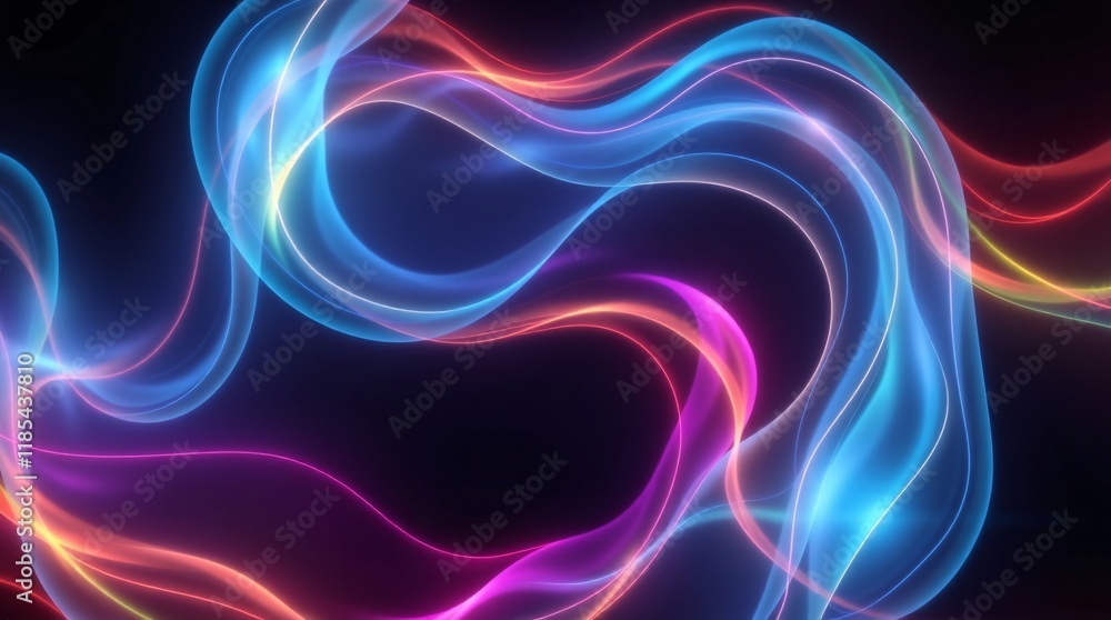 Poster vivid and dynamic abstract waves of neon light displaying vibrant glowing tones over a dark backdrop