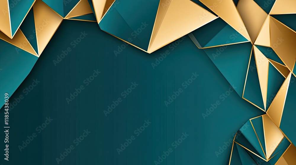 Poster a bold abstract card design with triangular patterns in gold and teal, creating a strong visual appe