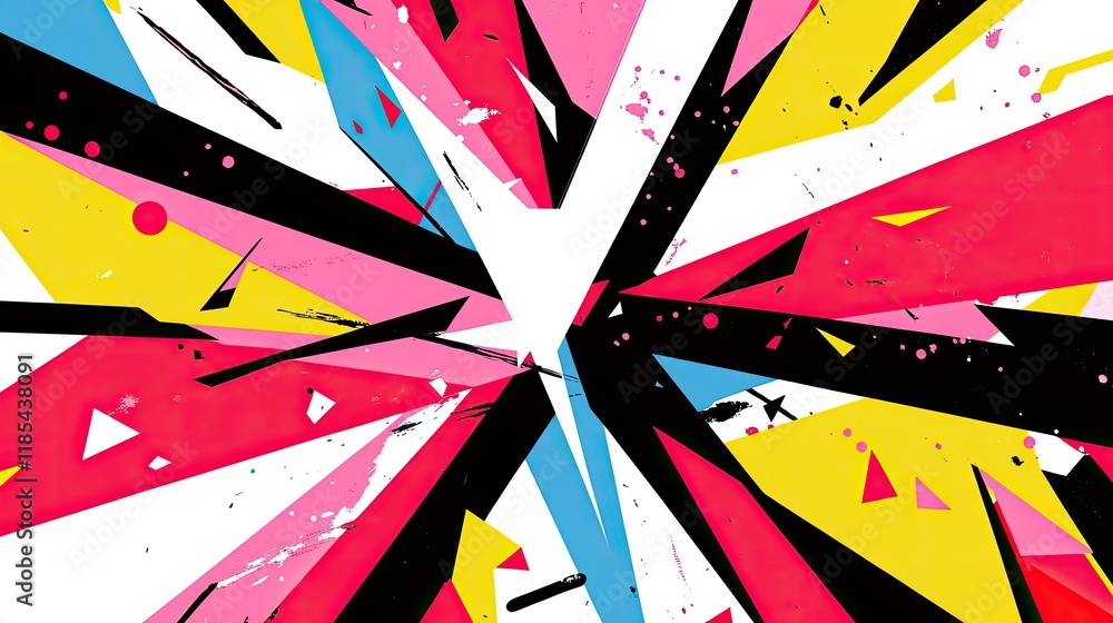 Poster a bold abstract card design with triangular shapes and vivid splashes of color, leaving a clean area