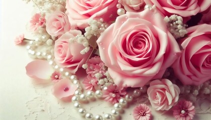 Fototapeta premium sweet pink rose flowers with pearls for love romance valentine wedding background
