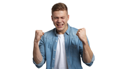 Excited man celebrating, happy expression, isolated on white transparent background