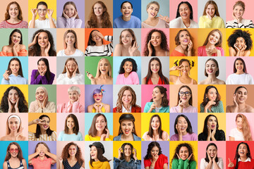 Collage of many women on color background