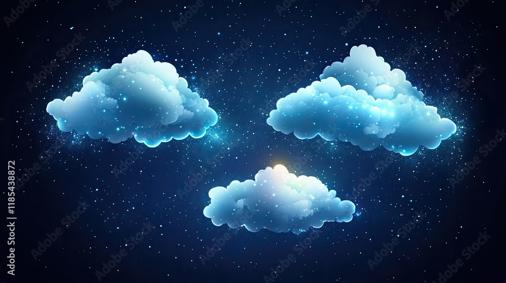 Poster a digital greeting card with soft cloud patterns in the background and glowing light effects, creati