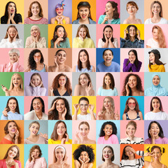 Collage of many women on color background