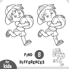 Cute cartoon character little boy with a ball. Find differences black and white educational game