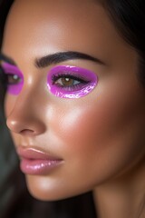Naklejka premium Bold beauty portrait of a woman with vibrant purple eyeshadow and shimmering details, highlighting creative makeup artistry, confidence, and contemporary cosmetic trends