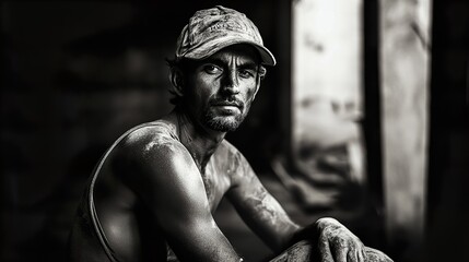 Obraz premium A Black and White Portrait of a Weathered Worker