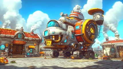 Whimsical Steampunk Airship Docked in a Quaint Coastal Town