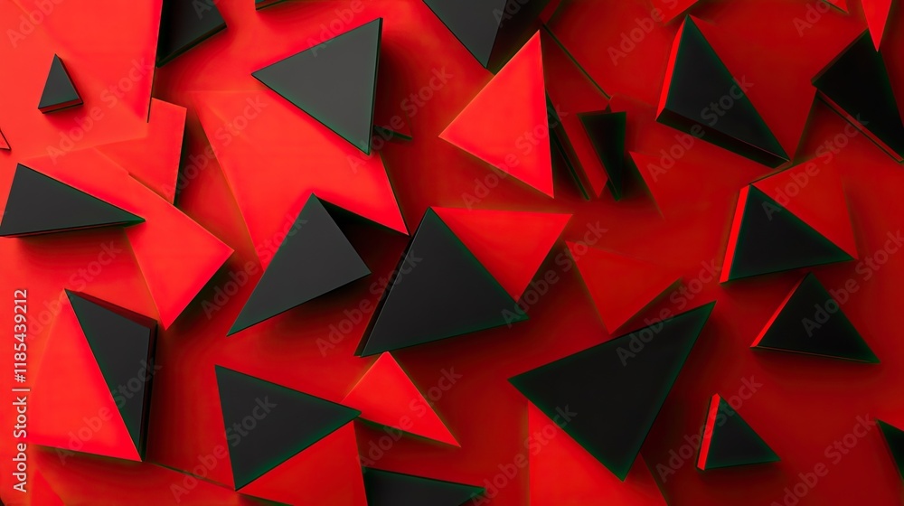 Poster a geometric abstract card design with overlapping triangular shapes in vibrant reds and blacks, leav