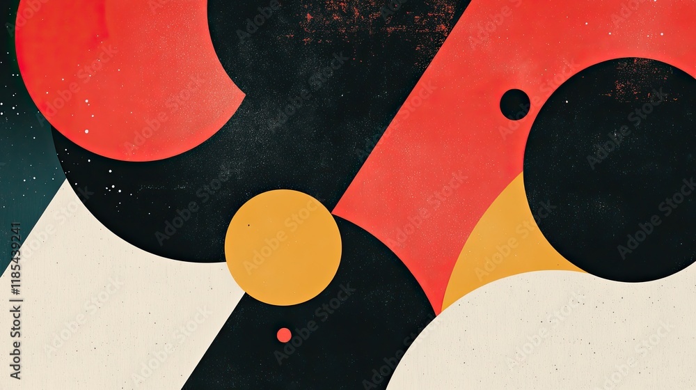 Poster a geometric abstract card design with simple yet bold shapes in vivid colors, creating a striking ef