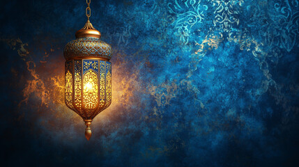 Beautiful lantern illuminating a blue background during Ramadan celebrations