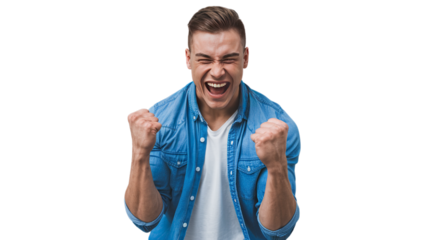 Excited man celebrating, happy expression, isolated on white transparent background