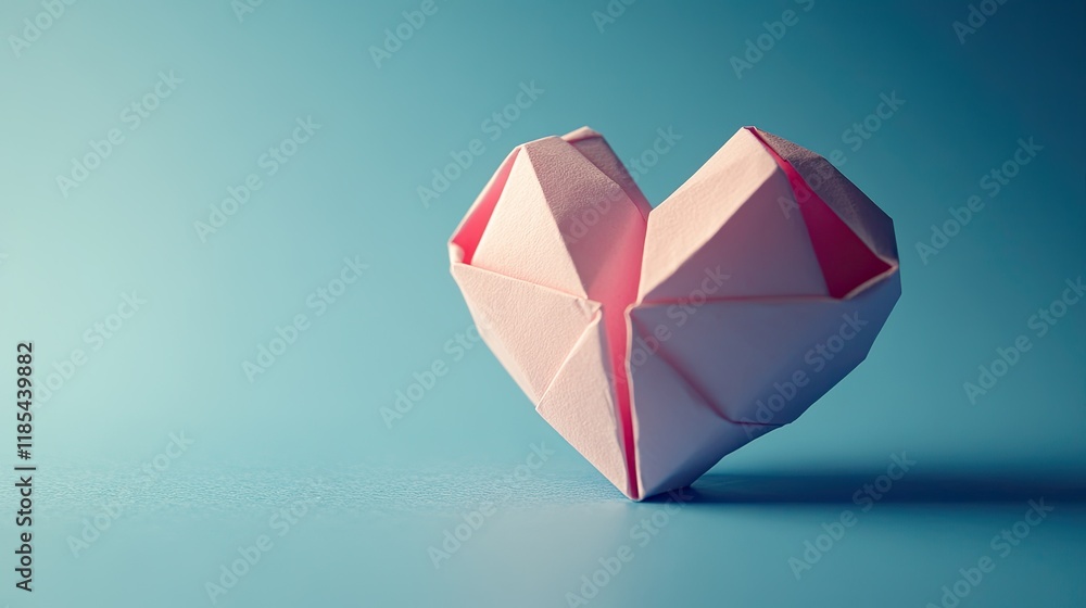 Poster a simple origami paper heart with soft folds, surrounded by a clean background with plenty of room f
