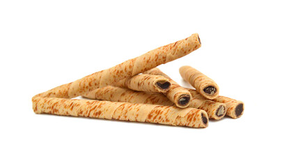 Wafer rolls with chocolate isolated on white background