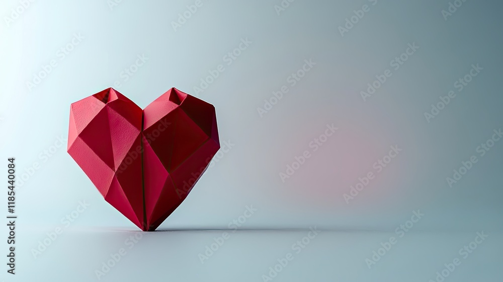 Poster a single origami heart design on a light background with an open space for text in the center.