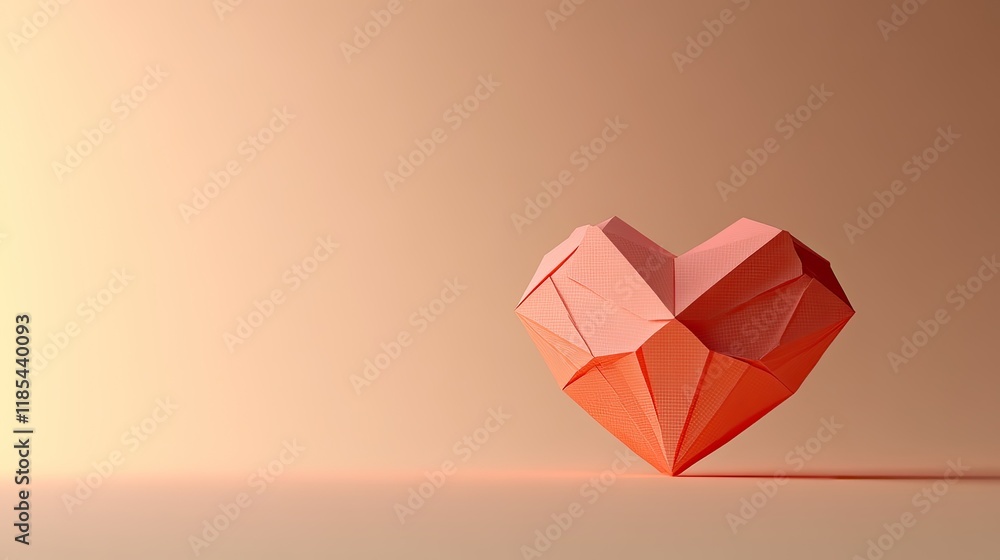 Poster a single origami heart design on a light background with an open space for text in the center.