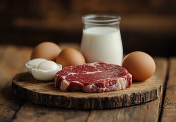 Fresh Meat and Eggs with Milk on Wooden Board in Rustic Kitchen Setting, Perfect for Cooking and Healthy Eating Lifestyle Promotion