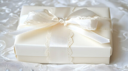 Elegant cream gift box with satin ribbon and lace, on textured fabric, for celebratory occasions.