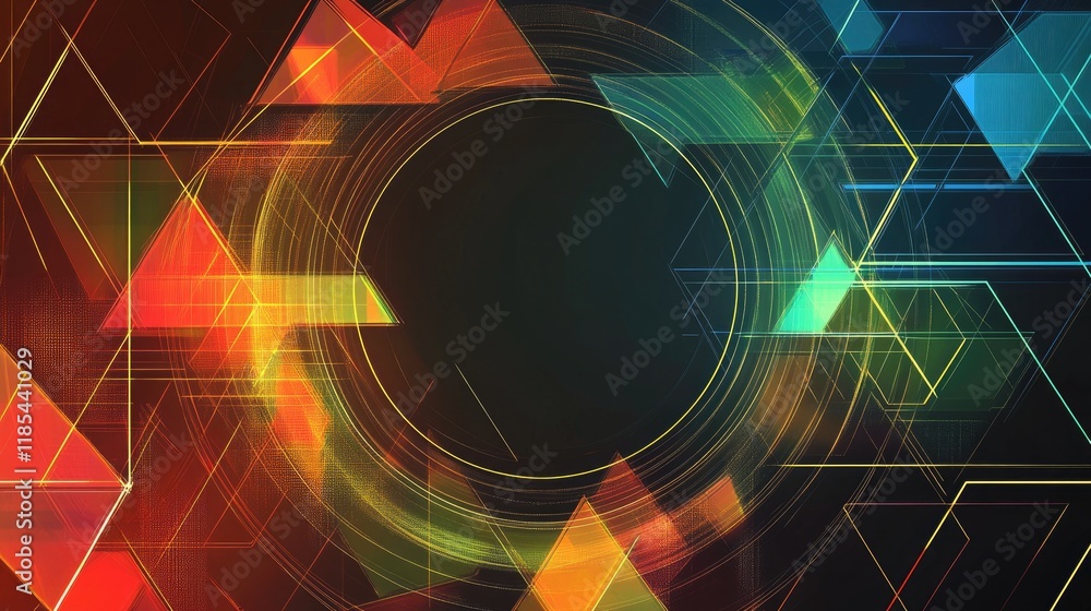 Poster a vibrant digital greeting card with layers of translucent geometric shapes, offering an empty space
