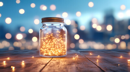 jar filled with glowing fireflies on wooden table creates magical ambiance. soft lights twinkle against blurred city background, evoking wonder