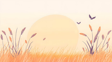 serene sunset over field of tall grass with gentle movement and birds flying