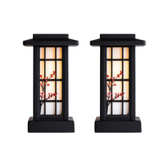Obraz premium Illuminated Japanese Style Lanterns with Red Berries Asian Decor Table Lamps