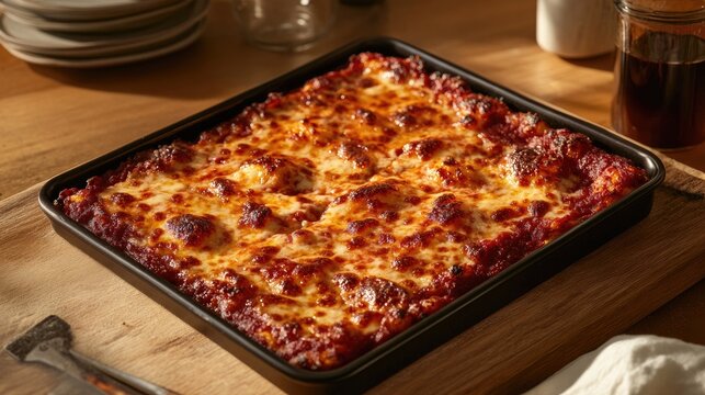 A square-cut Sicilian-style pizza with rich tomato sauce.