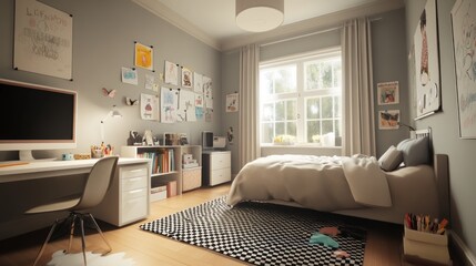 Sunlit child's bedroom with desk, bed, and artwork.