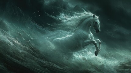 Fototapeta premium A stormy background with a white horse galloping powerfully.