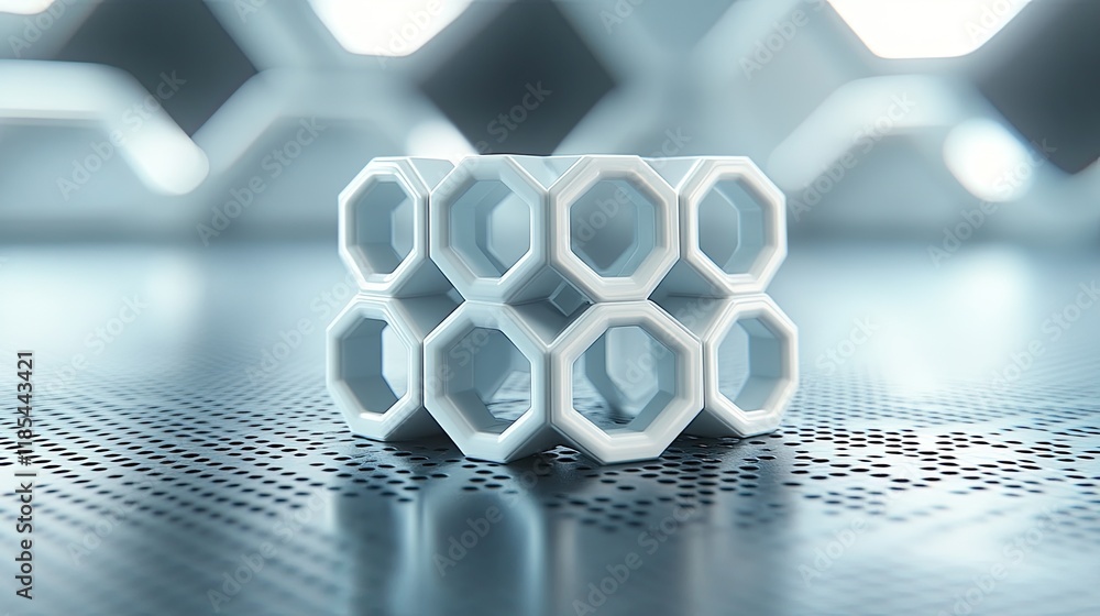 Aufkleber geometric d card with layered hexagonal cutouts and shadows, placed on a metallic gray surface.