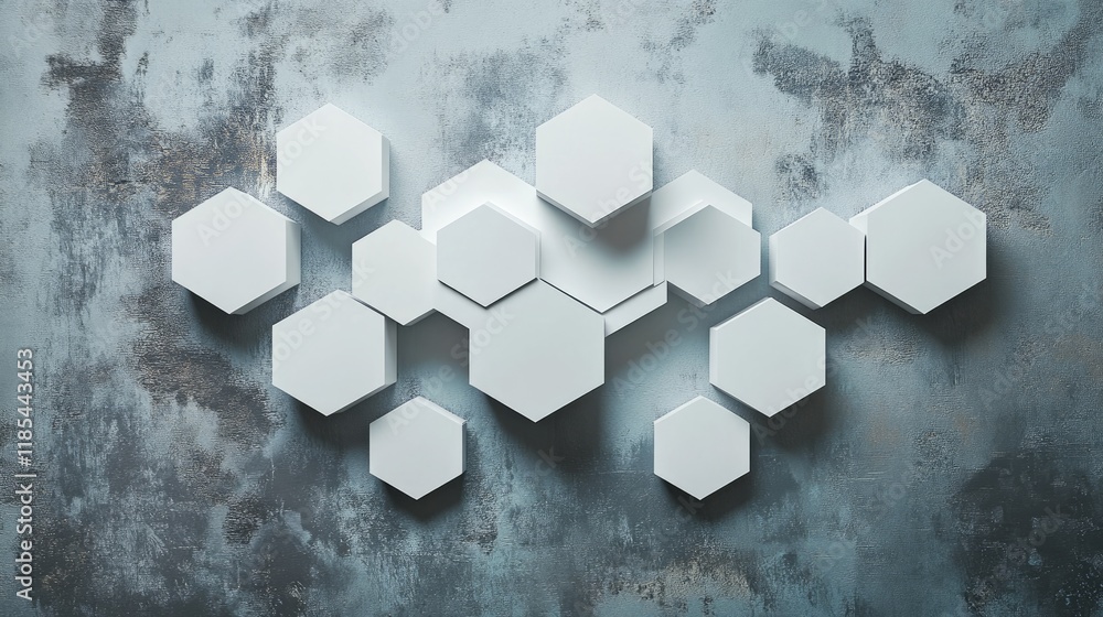 Poster geometric d card with layered hexagonal cutouts and shadows, placed on a metallic gray surface.