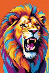 AI generative. Cartoon illustration of a smiling lion expression , popart style on white background. 3