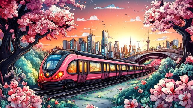 Pink train speeding through a blossoming cherry-tree landscape towards a modern city skyline at sunset