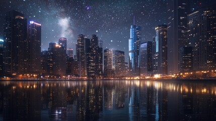 Obraz premium A stunning night sky filled with stars over a brightly illuminated cityscape reflecting on a calm river.