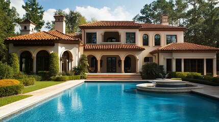 Luxurious Mediterranean-style home with pool and landscaping.