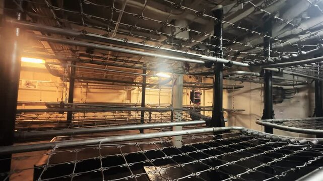 Vintage old military ship industrial dormitory featuring multiple stacked chain-link beds supported by metal frames