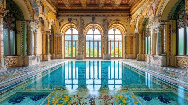 A swimming pool with a mosaic-tiled floor creating artistic patterns.