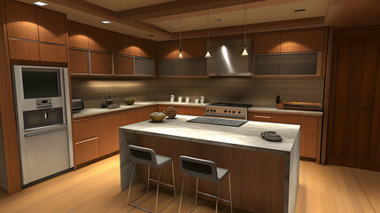 Modern kitchen design rendering, island, wood cabinetry, warm lighting, open floor plan, home decor